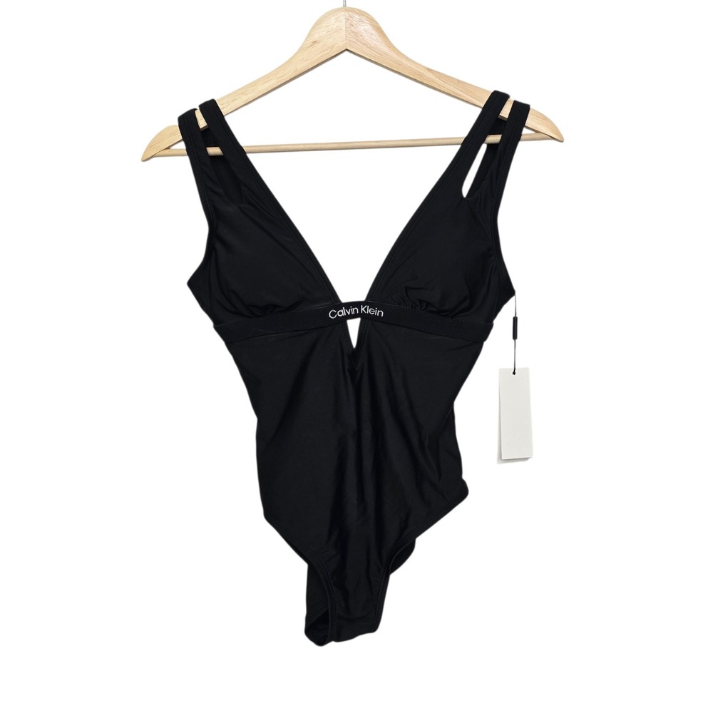 Calvin Klein Womens Black Plunging Logo Band One Piece Swimsuit Size Small NEW
